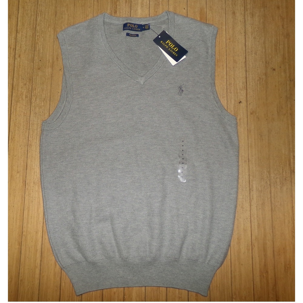 Polo Ralph Lauren Men Pima Cotton V-Neck Sweater Vest Grey Medium NWT